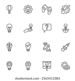 Creative idea line icons set, outline vector symbol collection, linear style pictogram pack. Signs, logo illustration. Set includes icons as problem solving, lightbulb, brainstorming, presentation