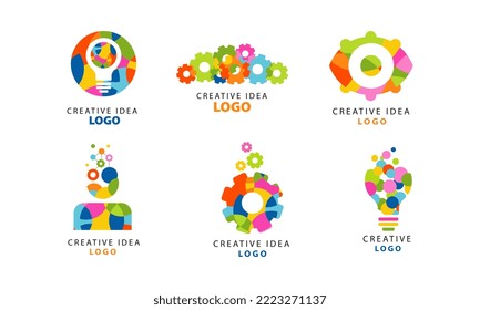 Creative Idea Logo with Bright Colored Gear Wheel and Light Bulb Vector Set