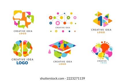 Creative Idea Logo with Bright Colored Brain and Shapes Vector Set