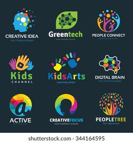 Creative idea logo collection, Vector set of idea sign, Digital learning, People, Green technology, Family Care brand identity.