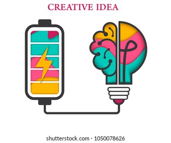 Creative idea A logo with half a light bulb and a brain that feeds energy with a battery isolated on a white background. Symbol of creativity. EPS 10