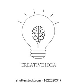 Creative idea logo with a light bulb. Symbol of creativity. Innovation solution. Brain inspiration on white background in line style. Electrical energy in lamp. Design of brainstorm business. Vector