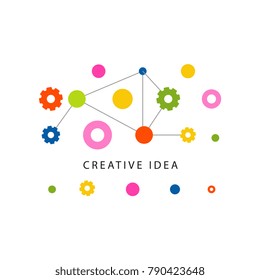 Creative idea logo template with colorful gears and other details. Educational business label. Abstract concept of brainstorm mechanism. Vector isolated on white.