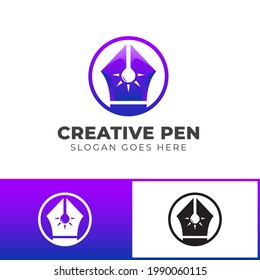 creative idea logos of pen with bright bulb lamp symbol and icon design for creative story writer