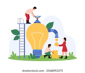 Creative idea to make money, financial value of business project, profit of startup. Tiny people open light bulbs valve for flow of gold coins, monetize smart solution cartoon vector illustration