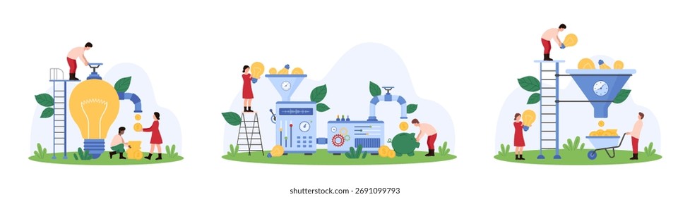 Idea creativa para hacer dinero, conjunto de estrategia de monetización. La gente minúscula monetiza el proyecto o el contenido con el embudo de conversión, la máquina de la tubería y el grifo en la Ilustración vectorial de dibujos animados de la bombilla grande