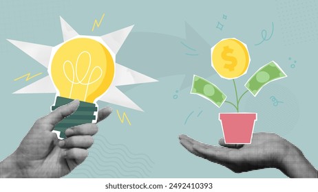 Creative idea to make money. Make money idea or idea pitching for fund raising concept. Investing or crowd funding concept. Vector illustration with halftone hands holding light bulb and money plant.