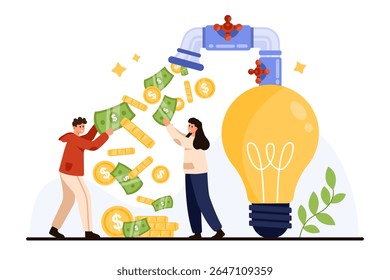 Creative idea to make money, smart project, innovation monetization. Tiny people catch dollar coins and banknotes flowing from pipeline with connection to bright light bulb cartoon vector illustration