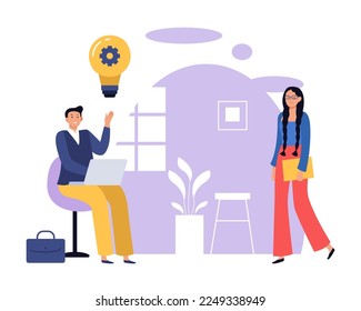 Creative idea. Man sitting and working at laptop generating thoughts. Female character coming to colleague. Business solution or innovation concept. Cartoon employees working vector