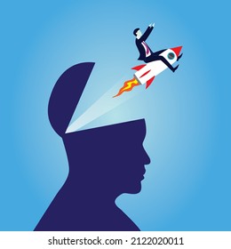 Creative idea mind concept, businessman flying out with a rocket from inside big man head, illustration of  innovation in business 