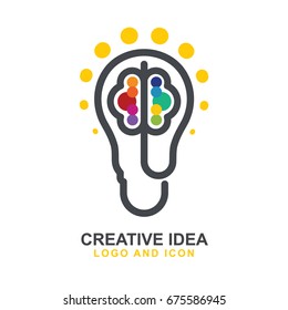 Creative idea, mind, thinking logo concept.
Mono line icon with brain and light bulb. 