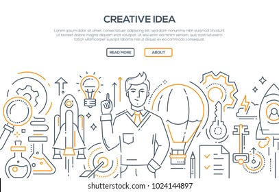 Creative idea - modern line design style illustration on white background. Banner with heading, place for your text, information. An image of an inspired person, businessman. Flash of inspiration 