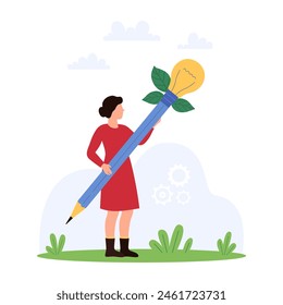 Creative idea, notes and brainstorm solution. Tiny woman holding pencil with light bulb to write and create article, content in social media blog, letter or feedback cartoon vector illustration