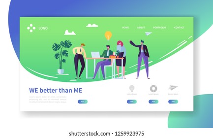 Creative Idea Office Character Landing Page Template. Business People Teamwork at Project Marketing Success. Advertising Agency Website or Web Page Design. Flat Cartoon Vector Illustration