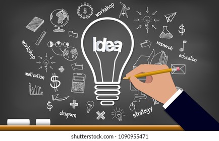 Creative idea on Light bulb and drawing icon on a Blackboard. infographic. Vector illustration.