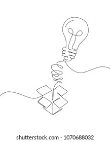 Creative idea - one line design style illustration isolated on white background. A lightbulb jumping from the box as a surprise. Inspiration concept. High quality image for your presentation