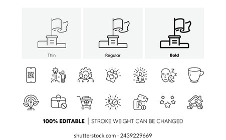 Creative idea, Parking security and Winner flag line icons. Pack of Jobless, Tea cup, Stars icon. Yoga, Qr code, Incubator pictogram. Add products, Love gift, Team work. Medical drugs. Vector