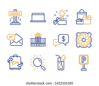 Creative idea, Payment received and Computer fan icons simple set. Laptop, Luggage and Hospital building signs. Attraction, Shopping and Water glass symbols. Search, New mail and Parking. Vector