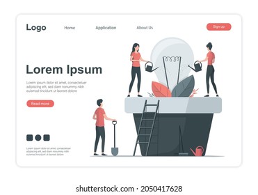 Creative idea. People work together. Landing page. Colored flat vector illustration. Isolated on white background.