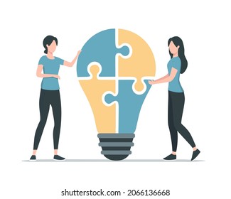 Creative idea. People are working together. Colored flat vector illustration. Isolated on white background.