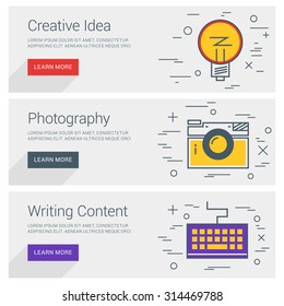 Creative Idea. Photography. Writing Content. Line Art Flat Design Illustration. Vector Web Banners Concepts
