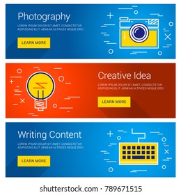 Creative Idea. Photography. Writing Content. Line Art Flat Design Illustration. Vector Web Banners Concepts