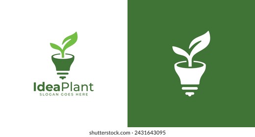 Logo de la planta de ideas creativas. Bombilla y hoja con estilo minimalista. Plantilla de diseño vectorial de símbolo de icono de logotipo de idea de innovación de granja de plantas de jardín.