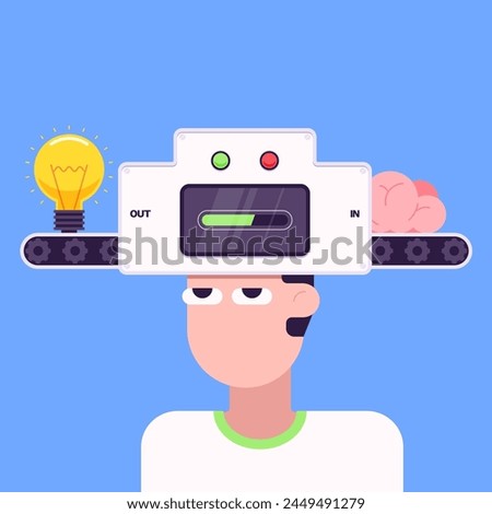 Creative idea process and brain training concept flat design style decorative with light bulb and brain go though machine, vector illustration