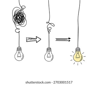 Conceito de progresso de ideias criativas com a ilustração de lâmpada em evolução