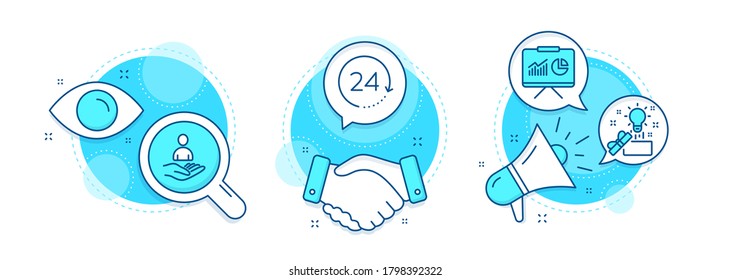 Idea creativa, reclutamiento e iconos de línea de 24 horas. Contratos de apretón de manos, investigación y promoción de iconos complejos. Signo de presentación. Present box, Hr, Time. Junta con gráficos. Conjunto de educación. Vector