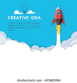 Creative idea with rocket ship icon.Business start up concept paper art style design.Vector illustration.