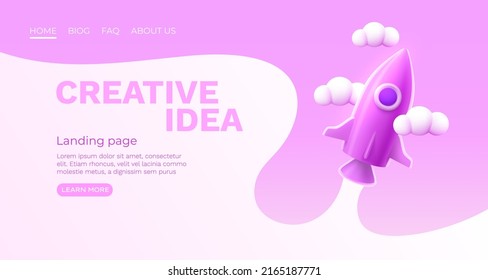 Creative idea rocket space, landing page banner. Vector illustration