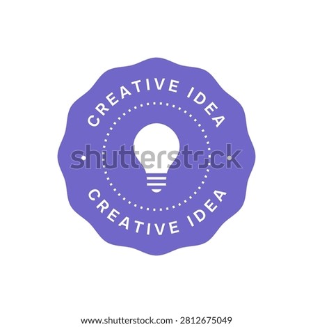 Creative idea round purple badge with light bulb isolated on white background. The design symbolizes creative thinking, innovation culture, problem solving, and brainstorming. Perfect for educational materials, brainstorming events, design studios, and startup marketing.