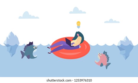 Creative Idea Save from Business Competition. Businesswoman Character Swim on Innertube above Danger Fish. Fearless Creativity Concept. Flat Cartoon Vector Illustration