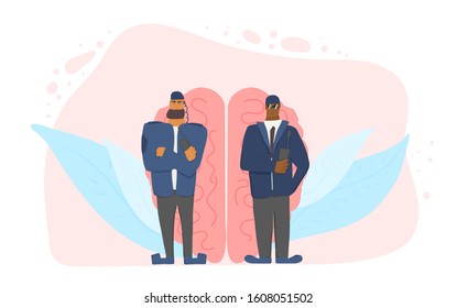Creative idea saving. Security guards standing with arms crossed.Two men wearing in a guards uniform protecting idea of copyright from plagiarism. People defending a huge brain. Vector illustration. 