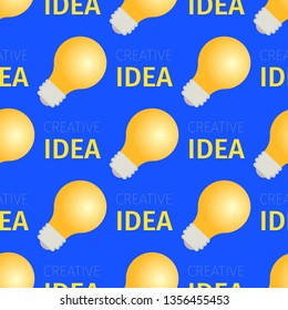 Creative Idea Seamless Pattern of Electric Burning Lightbulbs on Blue Background. Burning Bulb. Abstract Texture for Fabric, Wallpaper Ornament, Wrapping Paper Print 3d Isometric Vector Illustration.