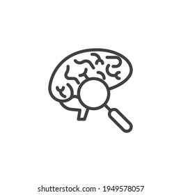 Icono de línea de búsqueda de ideas creativas. signo de estilo lineal para concepto móvil y diseño web. Cerebro con icono vectorial del contorno de la lupa. Símbolo, ilustración del logotipo. Gráficos vectoriales