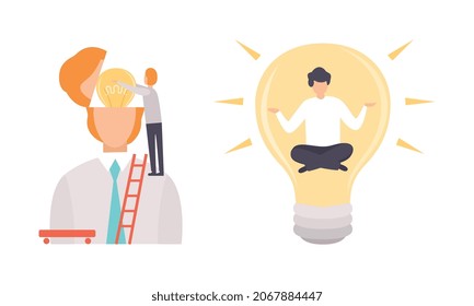 Creative Idea Searching with Business Man and Huge Light Bulb Vector Set