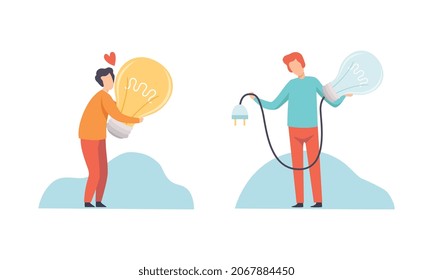 Creative Idea Searching with Business Man with Huge Light Bulb Vector Set