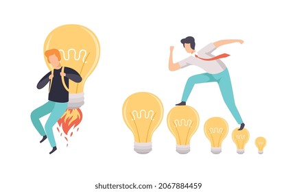 Búsqueda creativa de ideas con un hombre de negocios con un enorme conjunto de vectores de bombillas de luz
