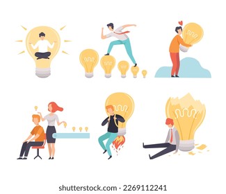 Creative Idea Searching with Business Man with Light Bulb Vector Set