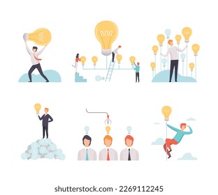 Búsqueda creativa de ideas con hombre de negocios con conjunto de vectores de bombillas ligeras