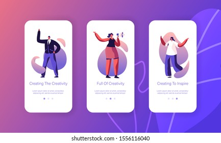 Creative Idea Searching Mobile App Page Onboard Screen Set. Woman Shout in Megaphone. Businessman Pointing Finger Up. Creativity Concept for Website or Web Page. Cartoon Flat Vector Illustration