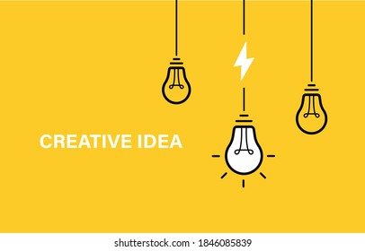 Creative idea. Set of hanging from above light bulbs. Light bulb with cable and lightning bolt. Vector illlustration.