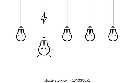 Creative idea. Set of hanging from above light bulbs. Light bulb with cable and lightning bolt. Vector illlustration.
