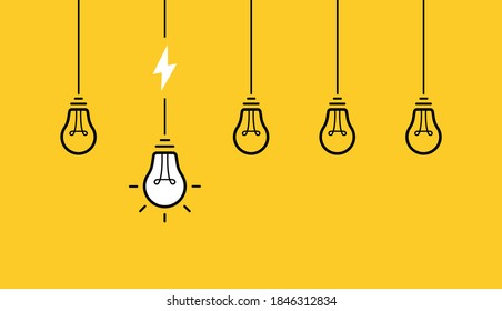 Creative idea. Set of hanging from above light bulbs. Light bulb with cable and lightning bolt. Vector illlustration.