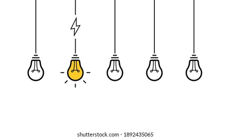 Creative idea. Set of hanging from above light bulbs. Light bulb with cable and lightning bolt. Vector illustration.