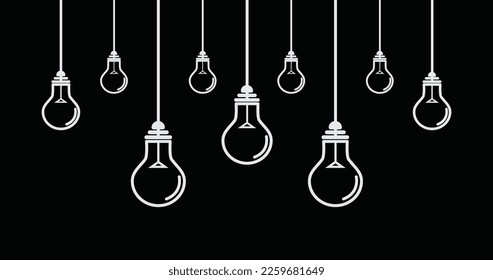 Creative idea. Set of hanging from above light bulbs with cable vector illlustration. Idea Design Concept. Isolated on black background