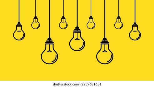 Creative idea. Set of hanging from above light bulbs with cable vector illlustration. Idea Design Concept. Isolated on yellow background