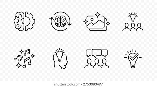 Creative idea set icon. Brain process, thinking cycle, image inspiration, team idea, music creativity, mind concept, discussion, approved solution